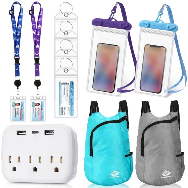 クルーズ2人用アクセサリーセット 11点 荷物タグ4枚・ランヤード2本・防水スマホポーチ2個・電源タップ・折りたたみバッグ2個