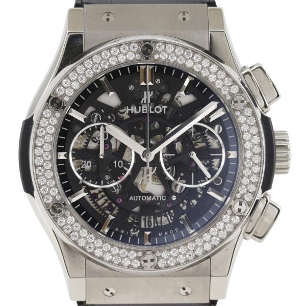HUBLOT ウブロ クラシックフュージョン ダイヤベゼル 腕時計 SS×ラバー 黒 自動巻き クロノグラフ メンズ 黒文字盤【I162926029】中古